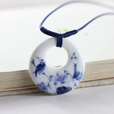 

Ethnic Jewelry Traditional Handmade Ornaments Weave Wax Rope Necklace Choker Ceramics Moon Porcelain Pendant
