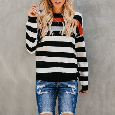

Autumn Fashion Women Long Sleeve Tee Striped O Neck Ladies T-Shirt Loose Bottom T Shirt Fall Clothes Tops