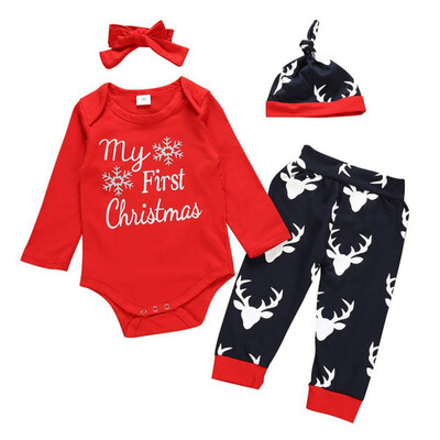 

4Pcs Baby Clothes Set Girl Boy Christmas Outfits Sets Infant Cotton Long Sleeve Letter Print Romper Trousers Headband Hats