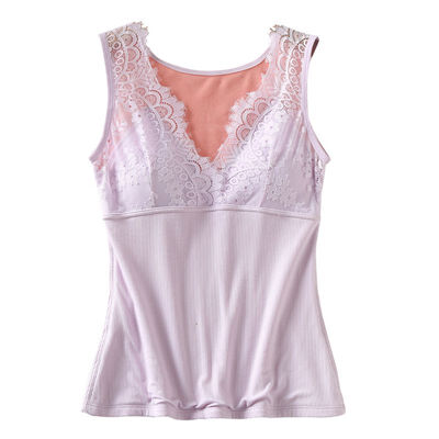 

Fashion Ladies Solid Color Lace Stitching V-Neck Plus Velvet Warm Vest Women Tops Autumn Winter Chest Pad Vest Camis Female