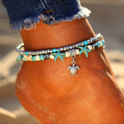 

Bohemian Multiple Layers Starfish Turtle Beads Anklets For Women Vintage Boho Shell Chain Anklet Bracelet Beach Jewelry