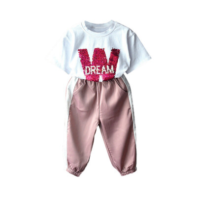 

Fashion Cute Toddler Girl T-shirt Pants Girls Casual Sequin Letter Pattern Short Sleeve Tops T-shirtPants Suits Costume Set