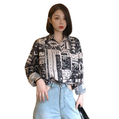 

Autumn Fashion Women Vintage Cartoon Print Lapel Shirt Loose Single-breasted Long Sleeve Blouse