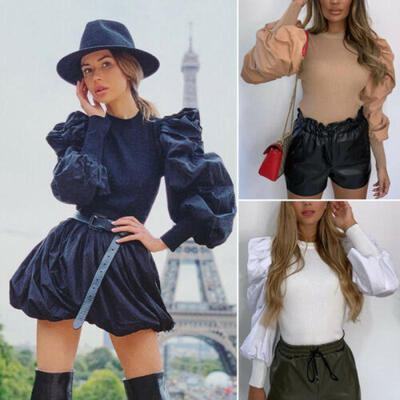 

US Women Ladies Puff Mesh Sleeve Tops Pullover Sweater Blouse Loose Jumper Shirt