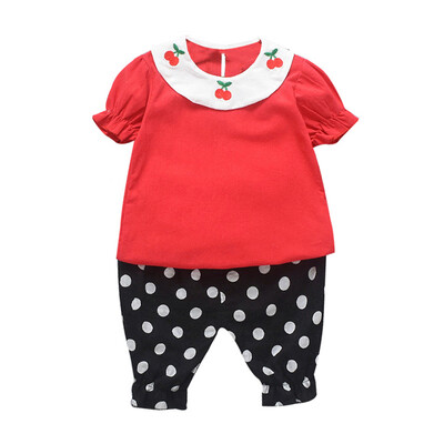 

Summer Baby Girl Clothes Embroidery Cherry Print Short Sleeve T-shirt Blouse Dot Pants Casual Clothes
