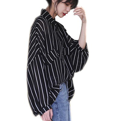 

Chiffon Black Color Striped Button Oversize Loose Turn-down Collar Long Sleeves Womens Tops And Blouses Korean Temperament Shirt