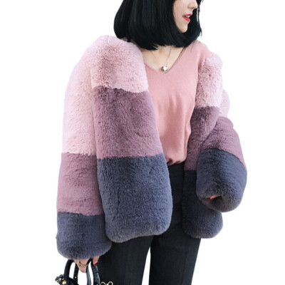 

New Winter Women Fashion Casual All-match Faux Fur Coat Imitation Rabbit Fur Color Stitching Long Sleeves Warm Coat Jacket