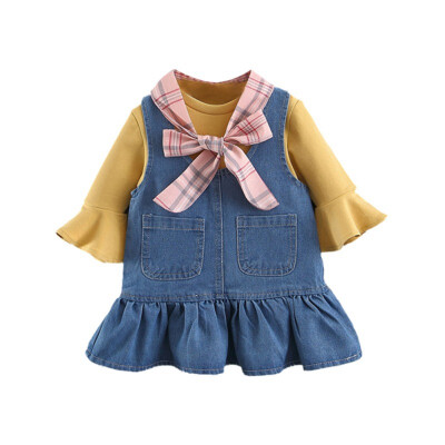 

Baby Girl Dress Long Sleeve Plaid Denim Dress Flare Sleeve Cotton T-shirt Blouse Strap Dress Casual Outfits