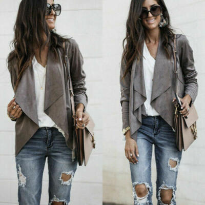 

US Womens Long Sleeve Waterfall Cardigan Blazer Coat Outwear Suede Biker Jacket