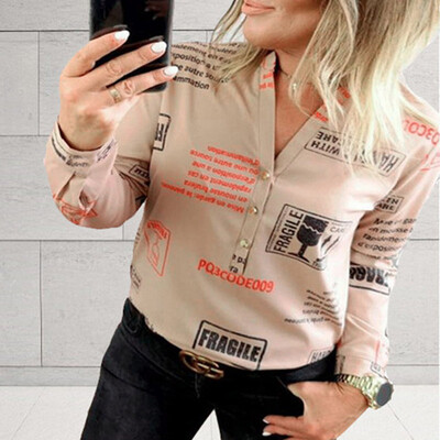 

Women Fashion Casual Printed Letter V-neck Button Spring Summer Long Sleeves loose Blouse Shirt Top Plus Size