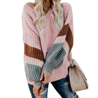 

Pullover Women Striped Stitching Knit Material Comfortable Soft Autumn Fashion New Wild Loose Long Sleeve Style Simple