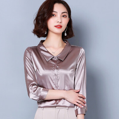 

Women Lapel Silk Temperament Blouse Solid Color Loose Autumn Vintage Cropped Sleeve Casual Bottoming Womens Tops And Blouses New