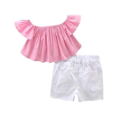 

Cute 3Pcsset Baby Girl Off Shoulder Floral Tops Blouse Hole Solid Denim Shorts Headband Clothes Set