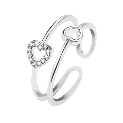 

Fashion 925 Sterling Silver Diamond Double Heart Opening Ring Rhinestone Wedding Party Jewellery