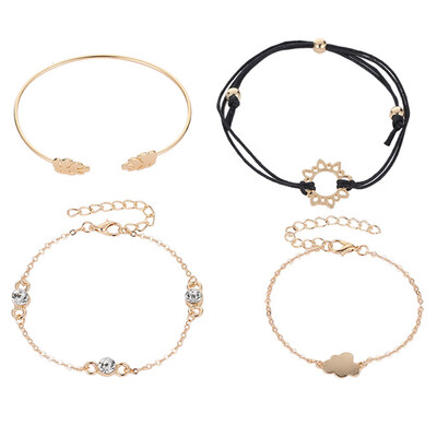 

Individual Exquisite Crystal Leaves Cloud Sun Leather Chain Multilayer Bracelet For Women Girl Creative Gold Silver Bracelet Set