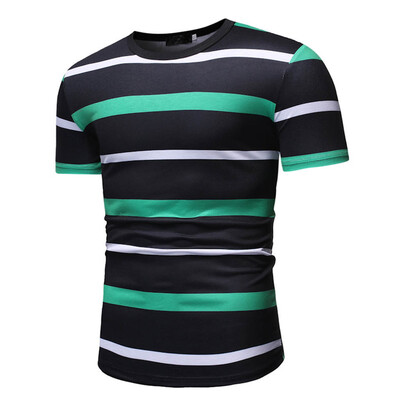 

Toponeto Mens Striped Splicing Pattern Casual Fashion Lapel Short Sleeve Shirt