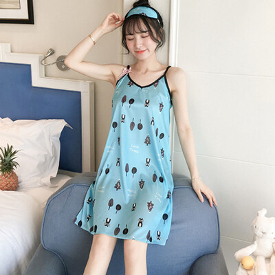

Ladies Sexy Silk Satin Printed Night Dress Sleeveless Nighties Nightgown Plus Size Nightdress Lace Sleepwear Nightwear For Women