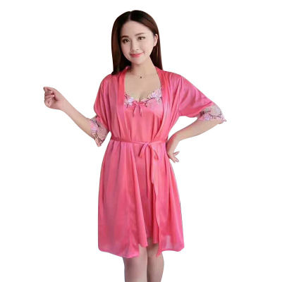 

Women Sexy Soild Color Thin  Satin Luxurious Lightweight Long Sleeve With Belt Lace Sexy Home Night Dress Set