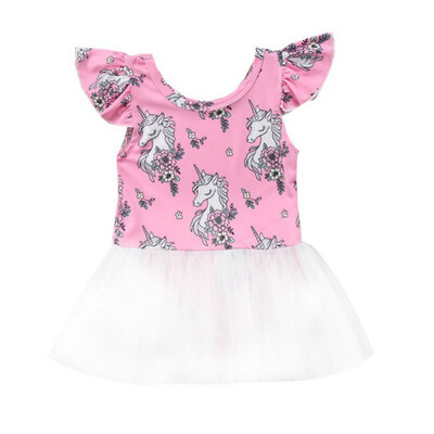 

Summer Casual Toddler Girls Cartoon Animal Pattern Flare Sleeve Patchwork Dress Bady Toddler Mesh Sundress Dresses for Girls