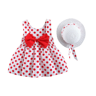 

Summer Girls Dress Polka Dot Print Bow Princess Cute Sweet Sleeveless Cotton Dress With Hat