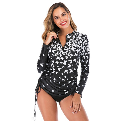 

Women Rash Guard Printed Long Sleeve Zipper Sunshade Two Piece Beach Surfing Diving Bathing Suit Swimsuit Swimwear