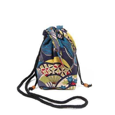 

Ethnic Fans Printed Cotton Linen Mini Drawstring Crossbody Shoulder Bucket Bag