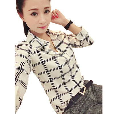

Wholesale Fashion Womens Long Sleeve White Shirts Plaids Pattern Lapel Casual Blouse Tops