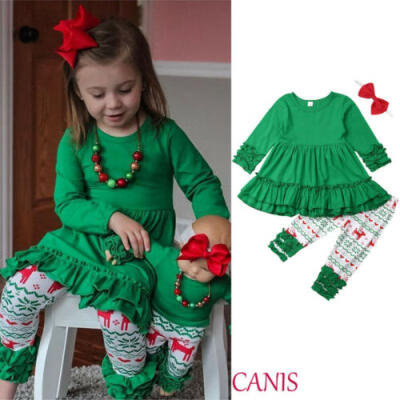 

US Toddler Kids Baby Girl Christmas Clothes Tops Dress Print Pants Outfits Set
