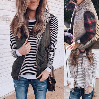 

US Winter Womens Sleeveless Jacket Plush Zipper Up Pocket Reversible Vest Coat