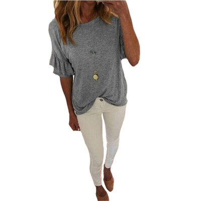 

Plus Size Summer Women Casual Solid Color Flare Short Sleeve O-Neck T-Shirt Top