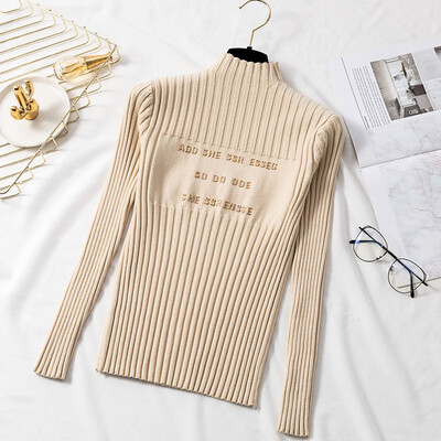

Women Sweater Autumn Knitted Turtleneck Embroidery Letter Long Sleeve Sweater Knitwear Elasticity Casual Jumper Slim Pullover