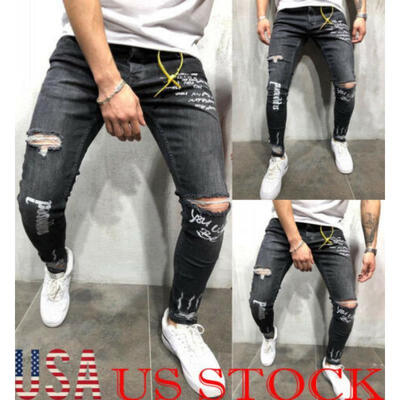 

Mens Ripped Skinny Biker Jeans Destroyed Frayed Distressed Slim Fit Denim Pants