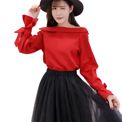 

Women Sweet Off Shoulder Solid Bow Casual Blouse mujer de moda Polyester vadim Solid shein blusas shirt kimono harajuku