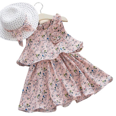 

2pcs Girl Dresses Floral Kids Clothing Sweet Party Princess Dress Girls Clothes with Hat 2019 Summer Chiffon Children Dresses