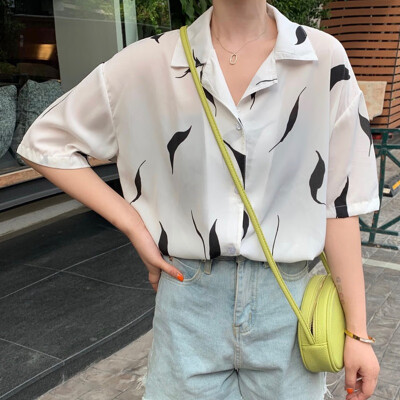 

Button Up Summer Womens Blouse 2019 Simple Casual Fashion Loose Leaves Printed Short Sleeve Single Breasted Casual Blouse