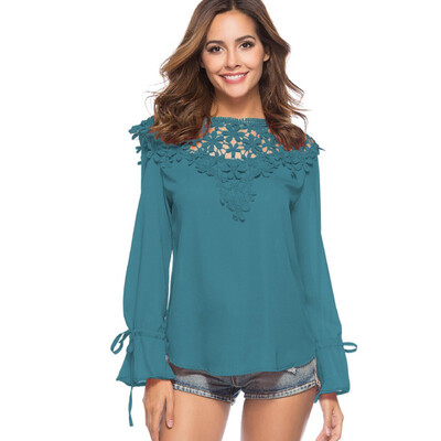 

ROPALIA Women Sexy Hollow Chiffon Blouse Tee Tops Fashion Ladies Lace Up Long Sleeve Shirt Casual Blusa Solid O-Neck Autumn Tops