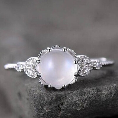 

Fashion Colorful Opal Ring Women Quality Stainless Steel Ring Round White Moonstone Stone Wedding Ring