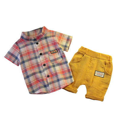 

YellowRed O-Neck 6M-4T Plaid Single Summer Children Baby Boys Casual Short Sleeve Plaid Print T-shirt TopsShorts Costume Set