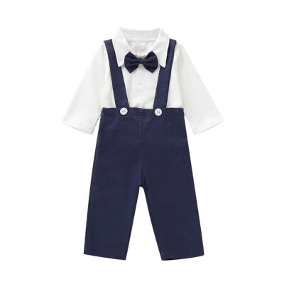 

Spring Summer Autumn Infant Baby Boy Cotton Long Sleeve Romper Casual Gentle Solid Color Bowknot Romper TopsStrap Pants Outfits