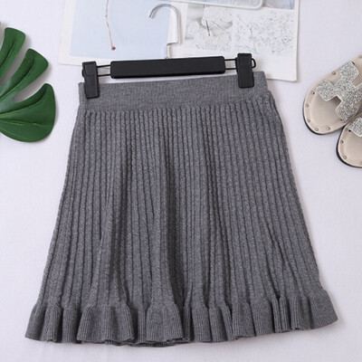 

Women Knitting Skirt Korean Autumn Winter Solid Color Elasticated High Waist Ruffles Hip Kawaii Mini Skirt