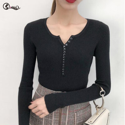 

Autumn Women Sweater NEW New Solid Ladies Sweater Sexy Button Slim V-neck Long-sleeved Knit Pullovers