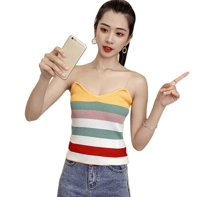 

Korean Version Of The Color Stripes Sexy Fresh Color Strip Knit Camisole Bottoming Vest
