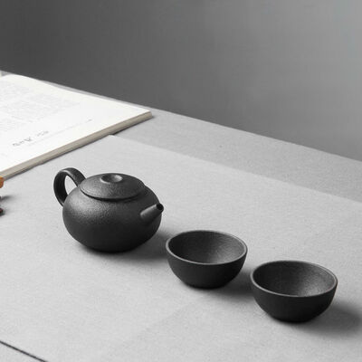 

Black Ceramic Flat Lid Gongfu Tea Teapot & Teacups Travel Teaset 3 Pcs