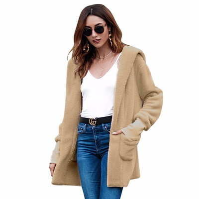 

New Autumn Winter Faux Fur Teddy Bear Coat Women Fashion Open Stitch Hooded Coat Female Long Sleeve Fuzzy Caots