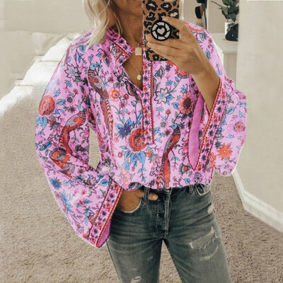 

Tailored Womens Casual Long Sleeve Floral Print V Neck Shirts Loose Blouses