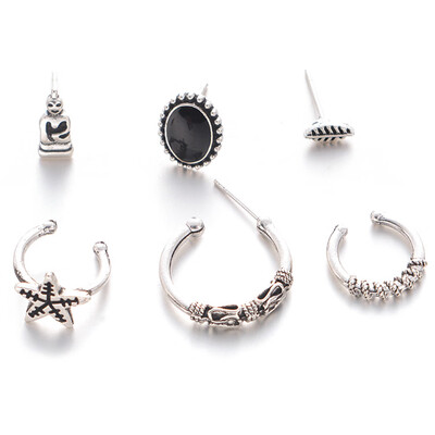 

Punk Style Silver Color Earring Sets Ethnic Bohemia Ear Clip Stud Earrings For Women Feather Leaf Star Earrings
