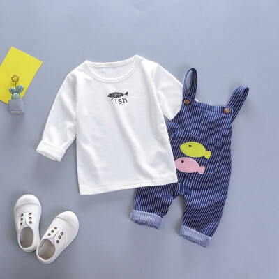 

Size 80-120 Newborn Boy Girl Autumn Outfits Baby Clothing Long Sleeve TopsStrap Cute Fish Print Trousers Party Casual Suits