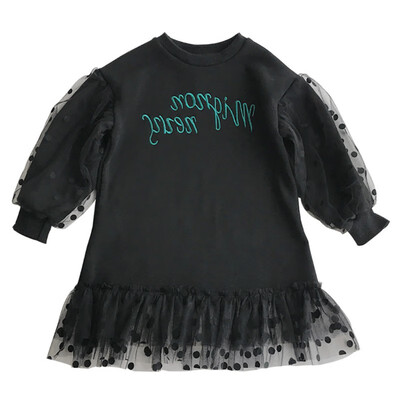

Children Spring Autumn Girls Cute Dot Embroidery Mesh Stitching Round Collar Princess Long-Sleeved Sweet Dress