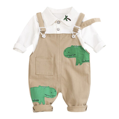 

Baby Boy Clothes Kids Solid Color Shirts&Cartoon Dinosaur Print Strap Pants Autumn 2 pc Childrens Sets