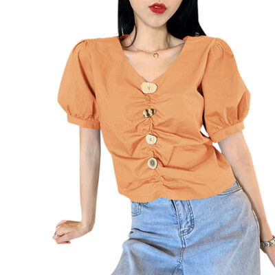 

Pleated Buckle V Neck Women Summer Shirts Short Sleeve Blue Avocado Green White Korean Style Shirts Blouse Tops